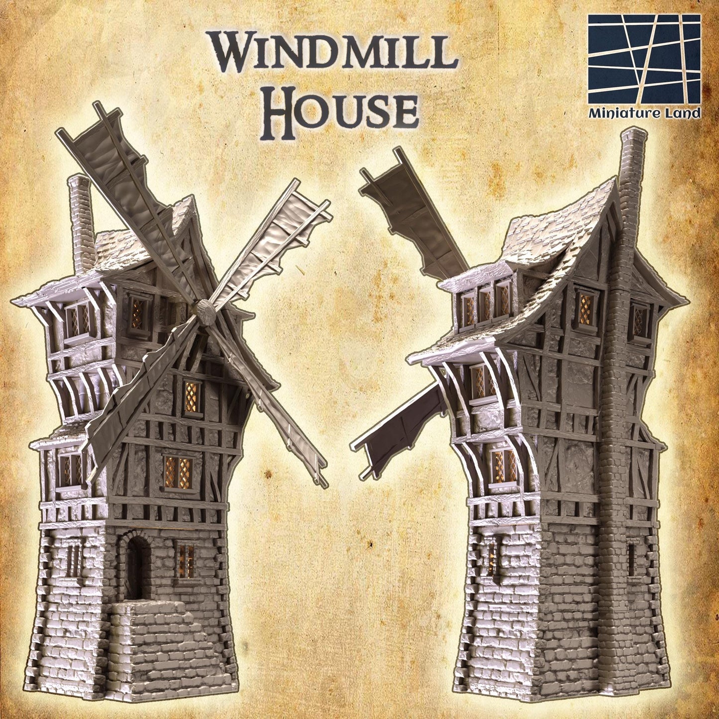 Windmill House - Tabletop Terrain - 28 MM, Tabletop 3D Printed Terrain by MiniatureLand, Perfect for Wargaming and RPGs