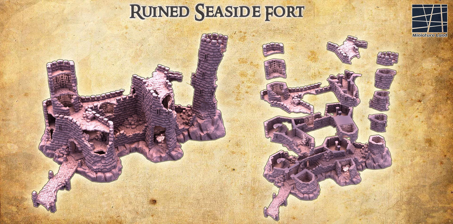 Ruined Seaside Fort - Tabletop Terrain - 28 MM, Tabletop 3D Printed Terrain by MiniatureLand, Perfect for Wargaming and RPGs