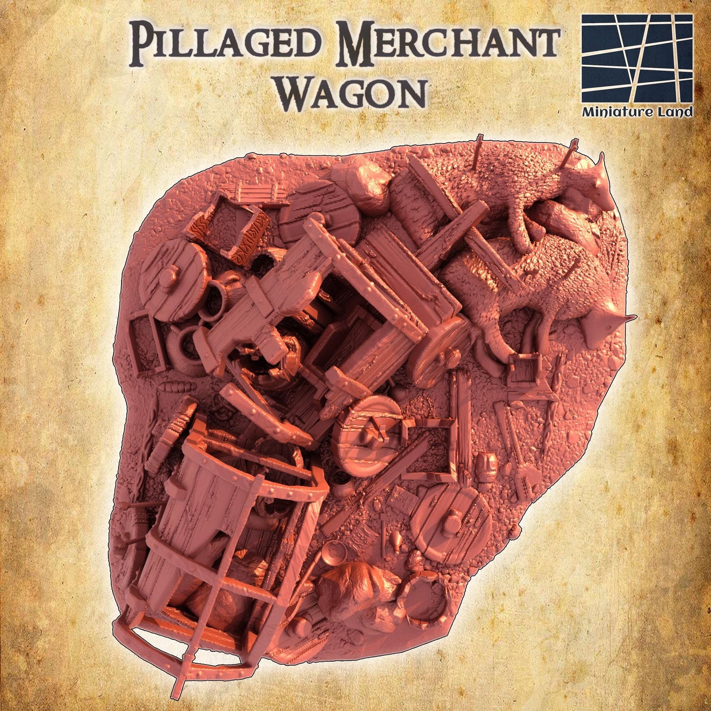 Pillaged Merchant Wagon - Tabletop Terrain - 28 MM, Tabletop 3D Printed Terrain by MiniatureLand, Perfect for Wargaming and RPGs