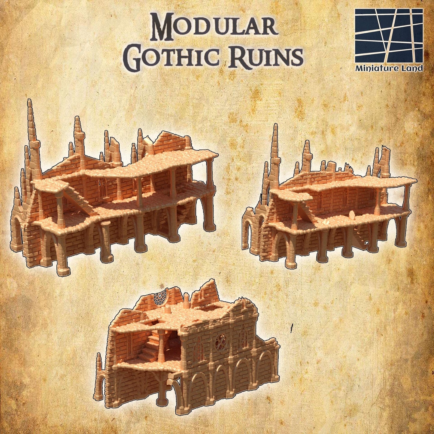 Modular Gothic Ruins - Tabletop Terrain - 28 MM, Tabletop 3D Printed Terrain by MiniatureLand, Perfect for Wargaming and RPGs