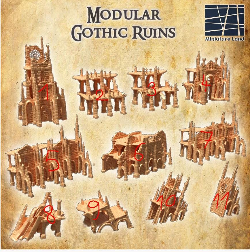 Modular Gothic Ruins - Tabletop Terrain - 28 MM, Tabletop 3D Printed Terrain by MiniatureLand, Perfect for Wargaming and RPGs