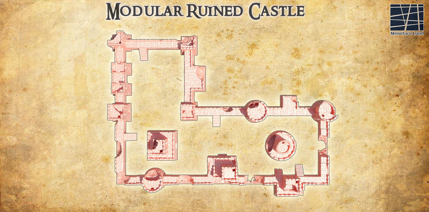 Modular Ruined Castle - Tabletop Terrain - 28 MM, Tabletop 3D Printed Terrain by MiniatureLand, Perfect for Wargaming and RPGs
