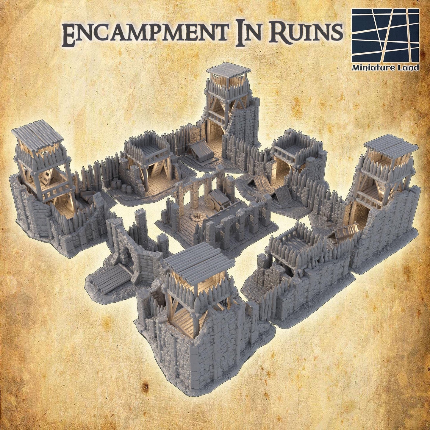 Encampment in Ruins - Tabletop Terrain - 28 MM, Tabletop 3D Printed Terrain by MiniatureLand, Perfect for Wargaming and RPGs