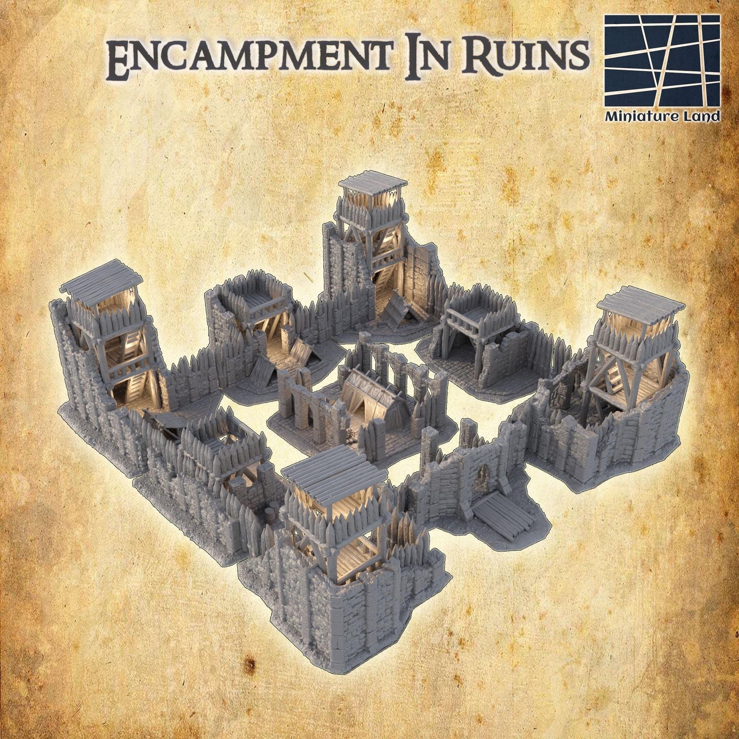 Encampment in Ruins - Tabletop Terrain - 28 MM, Tabletop 3D Printed Terrain by MiniatureLand, Perfect for Wargaming and RPGs