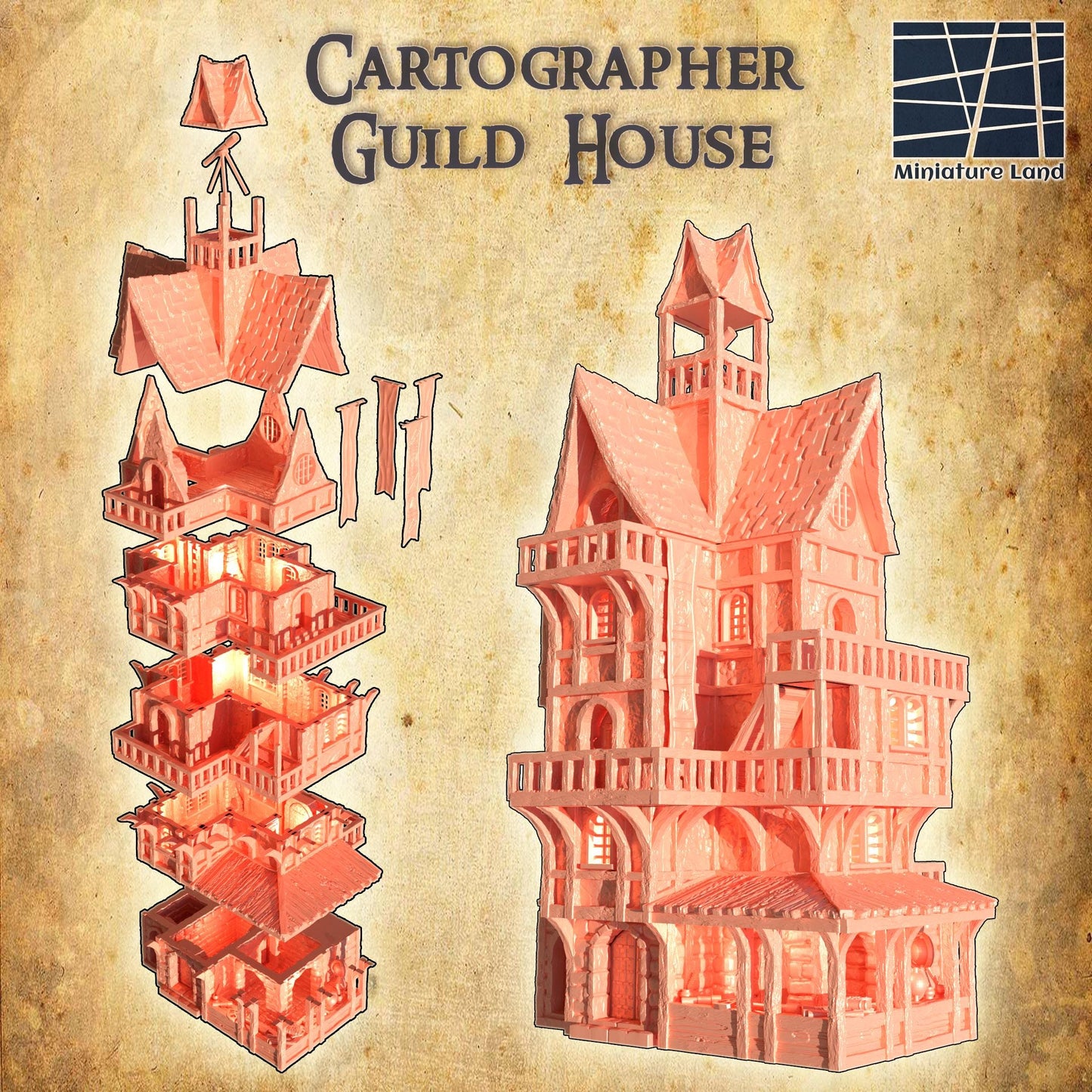 Cartographer Guild House - Tabletop Terrain - 28 MM, Tabletop 3D Printed Terrain by MiniatureLand, Perfect for Wargaming and RPGs
