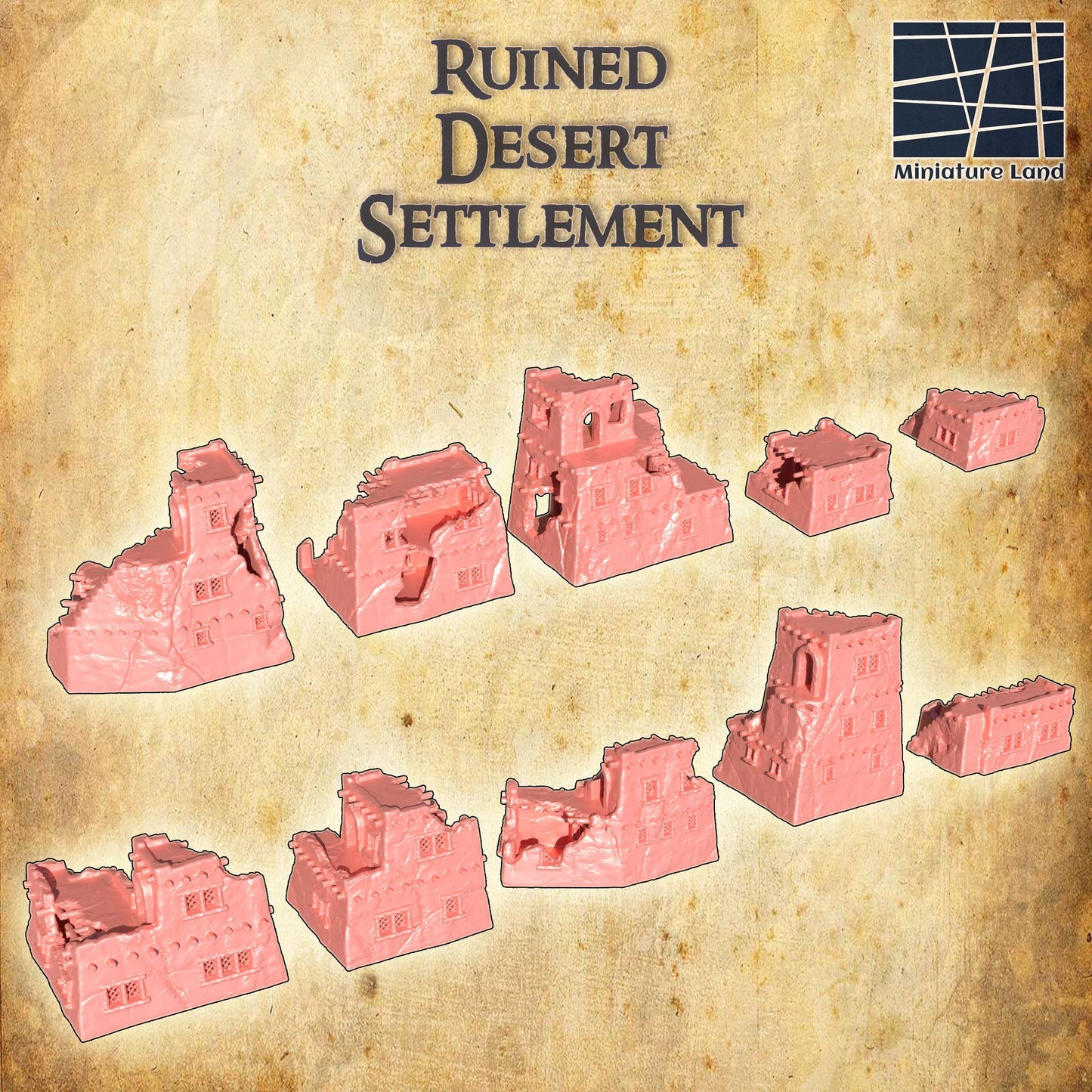 Ruined Desert Settlement - Tabletop Terrain - 28 MM, Tabletop 3D Printed Terrain by MiniatureLand, Perfect for Wargaming and RPGs