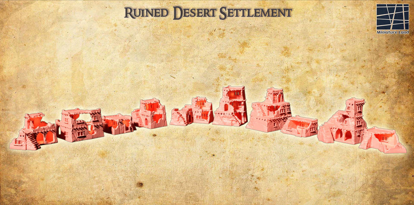 Ruined Desert Settlement - Tabletop Terrain - 28 MM, Tabletop 3D Printed Terrain by MiniatureLand, Perfect for Wargaming and RPGs