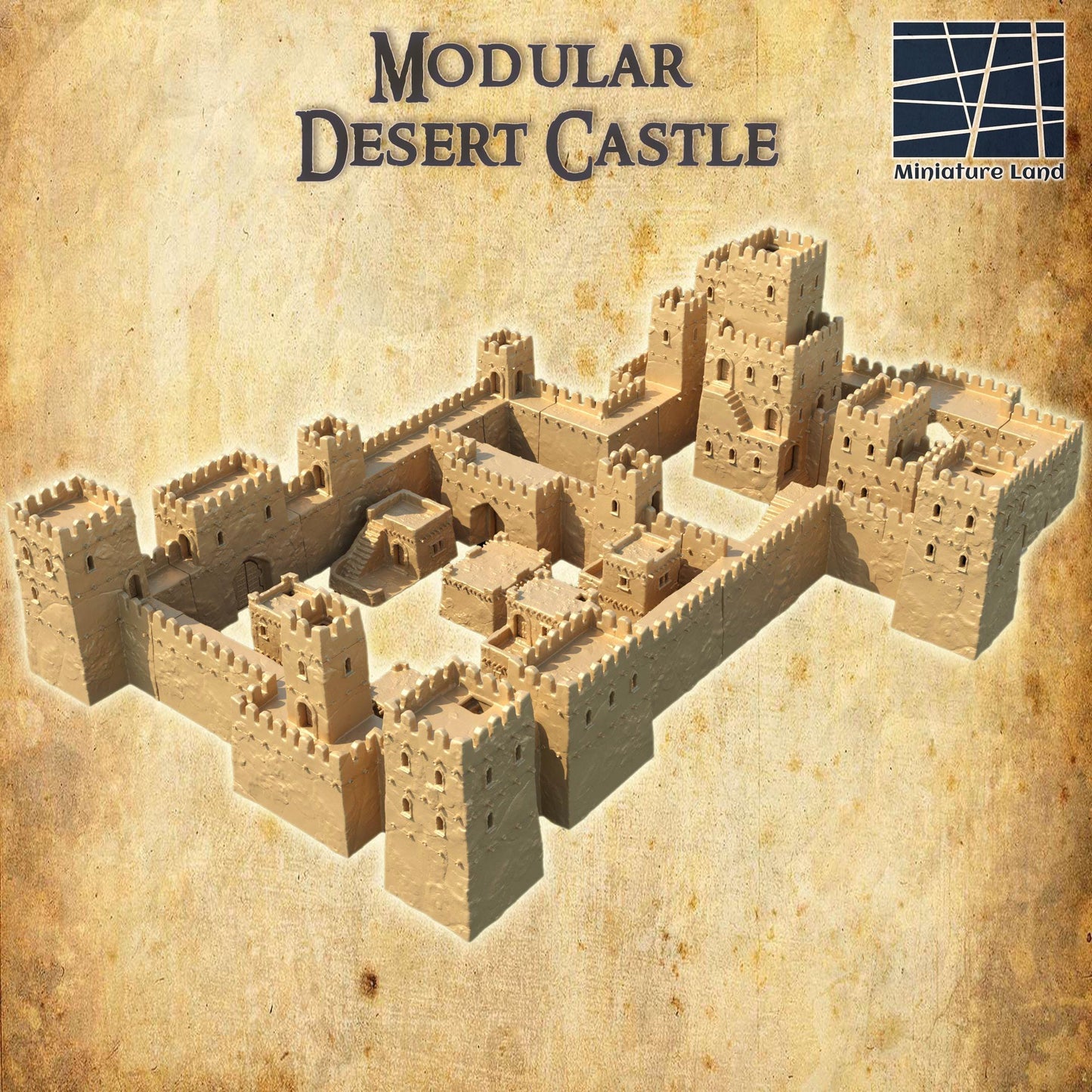Modular Desert Castle - Tabletop Terrain - 28 MM, Tabletop 3D Printed Terrain by MiniatureLand, Perfect for Wargaming and RPGs