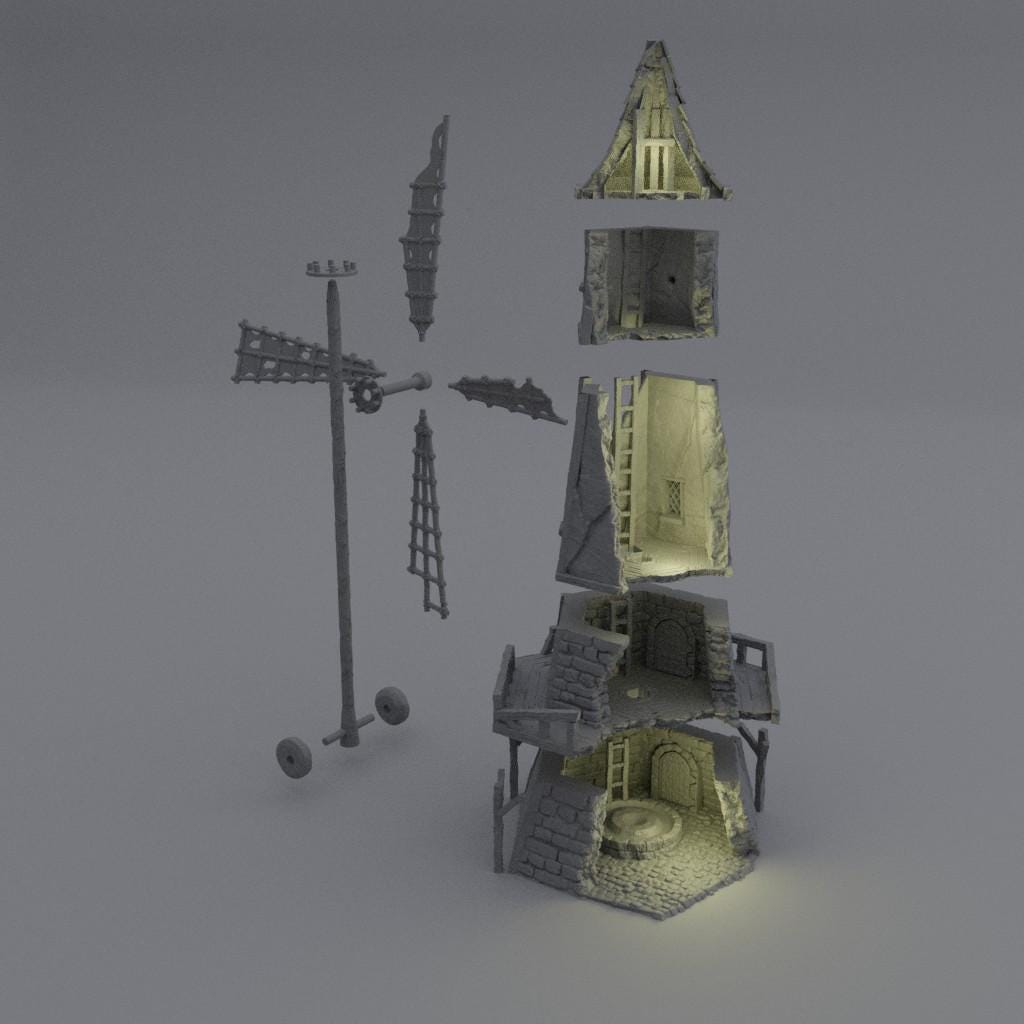Ruined Windmill - Tabletop Terrain - 28 MM, Tabletop 3D Printed Terrain by MiniatureLand, Perfect for Wargaming and RPGs