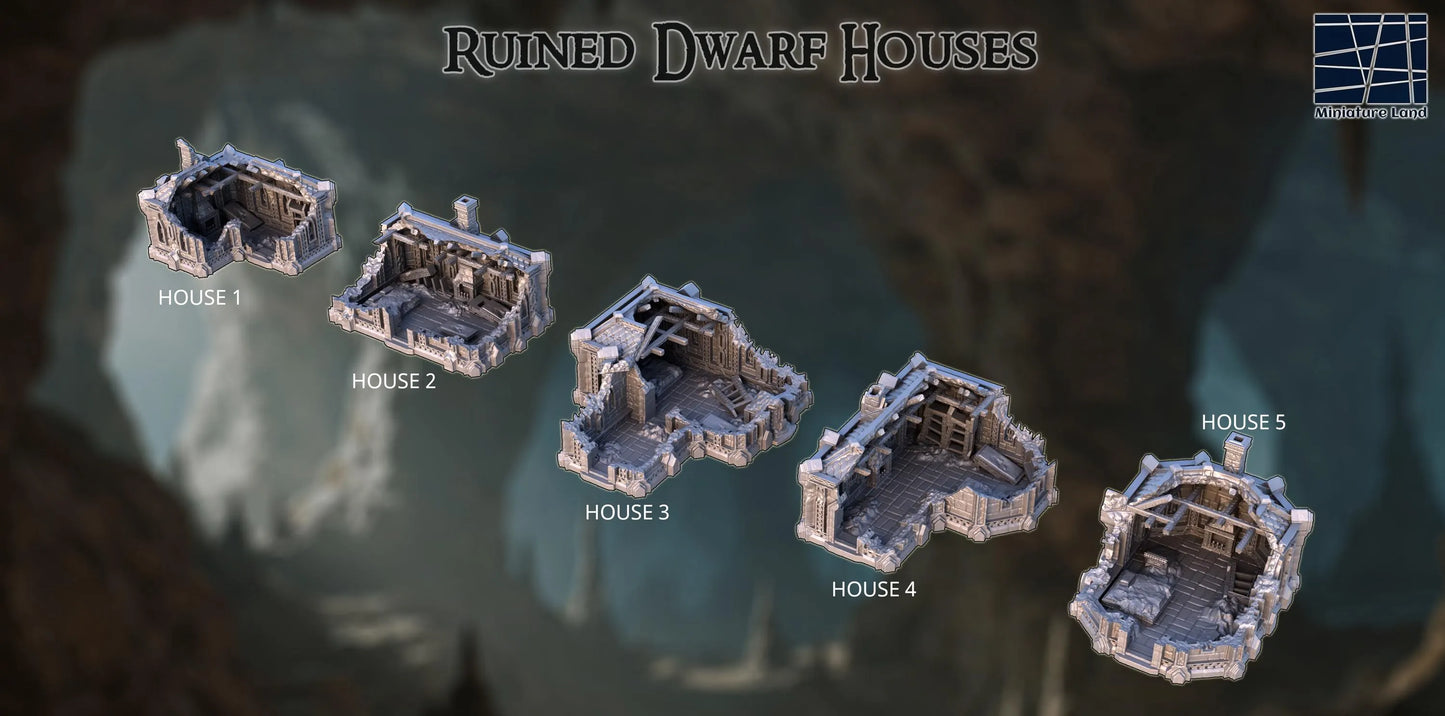 Ruined Dwarf Houses- Tabletop Terrain - 28 MM, Tabletop 3D Printed Terrain by MiniatureLand, Perfect for Wargaming and RPGs