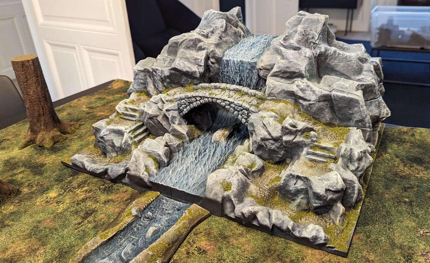 Waterfall Bridge - Tabletop Terrain - 28 MM, Tabletop 3D Printed Terrain by MiniatureLand, Perfect for Wargaming and RPGs