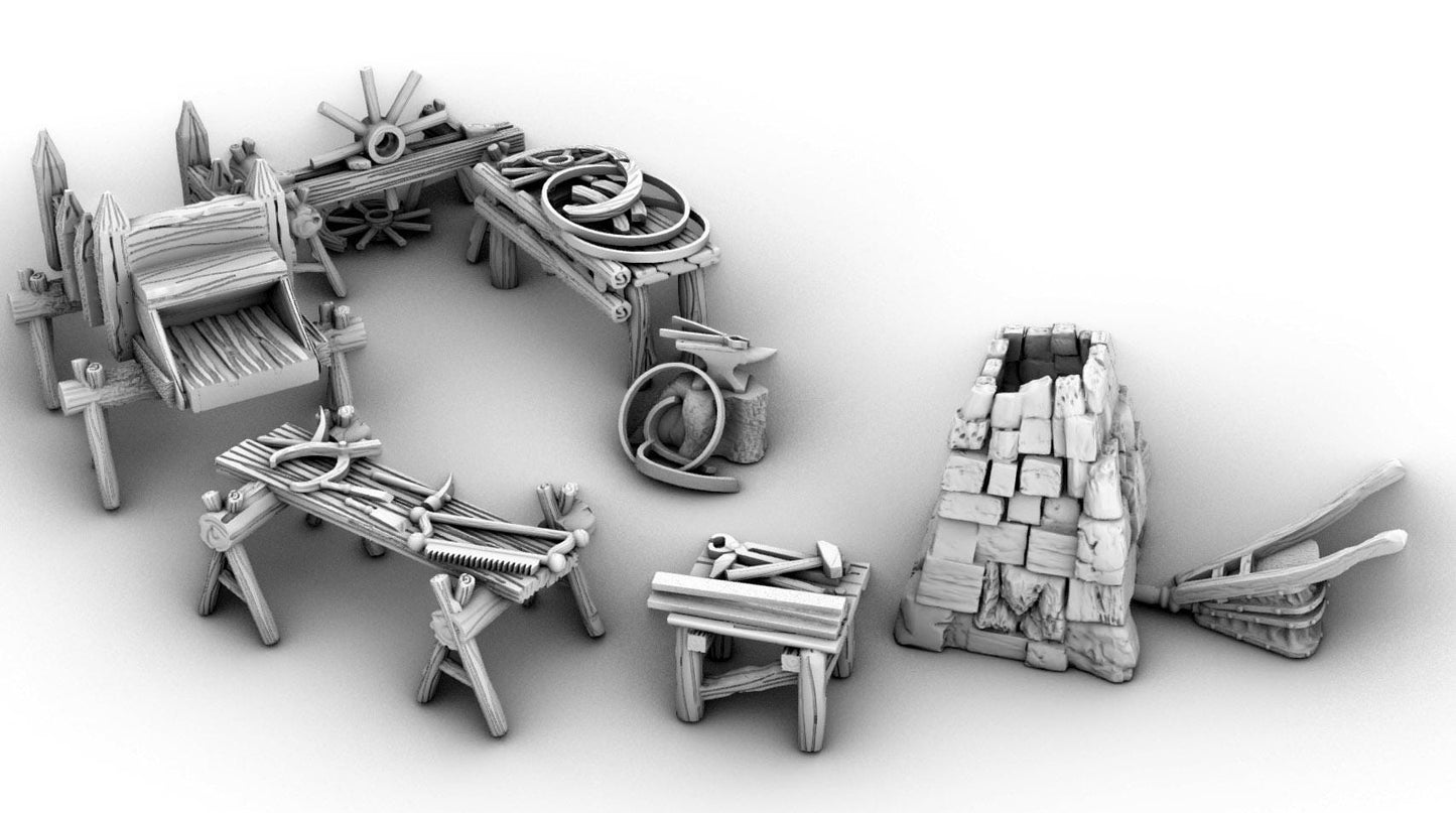 Wheel Wright and Small Smith by GameScape3D - 3D Printed Tabletop Terrain, Perfect for Wargames, RPGs