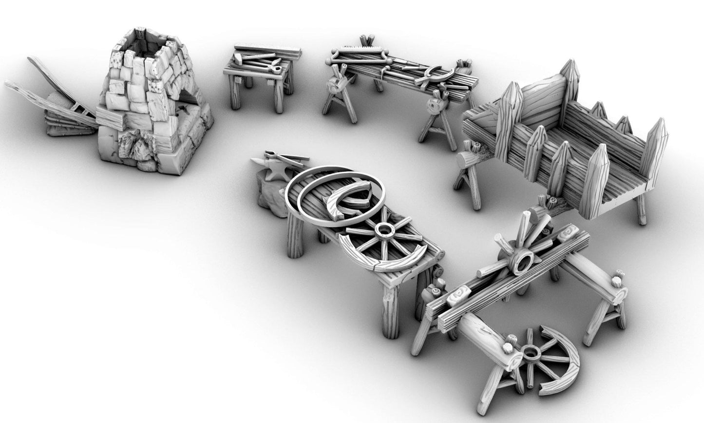 Wheel Wright and Small Smith by GameScape3D - 3D Printed Tabletop Terrain, Perfect for Wargames, RPGs