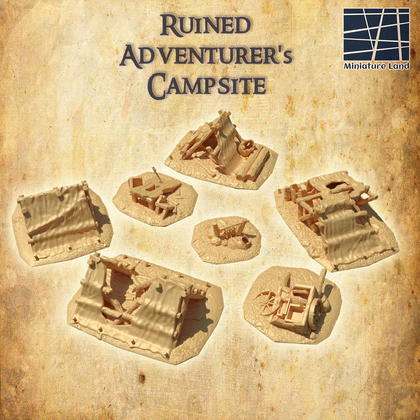 Ruined Campsite - Tabletop Terrain - 28 MM, Tabletop 3D Printed Terrain by MiniatureLand, Perfect for Wargaming and RPGs