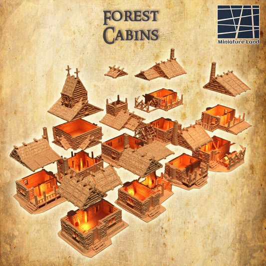 Forest Cabins - Tabletop Terrain - 28 MM, Tabletop 3D Printed Terrain by MiniatureLand, Perfect for Wargaming and RPGs