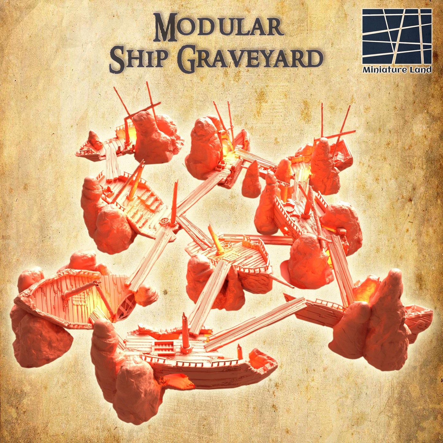 Modular Ship Graveyard- Tabletop Terrain - 28 MM, Tabletop 3D Printed Terrain by MiniatureLand, Perfect for Wargaming and RPGs