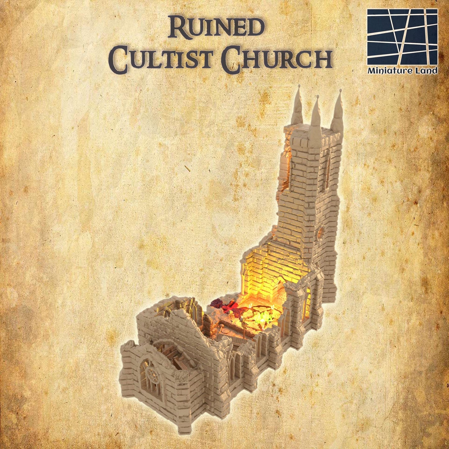 Ruined Cultist Church - Tabletop Terrain - 28 MM, Tabletop 3D Printed Terrain by MiniatureLand, Perfect for Wargaming and RPGs
