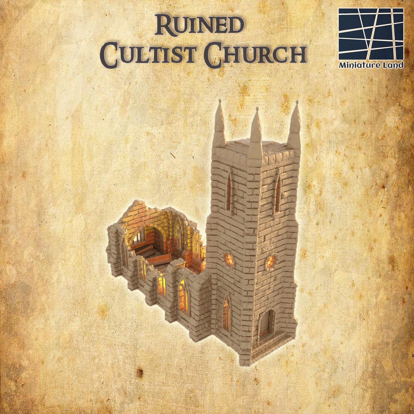 Ruined Cultist Church - Tabletop Terrain - 28 MM, Tabletop 3D Printed Terrain by MiniatureLand, Perfect for Wargaming and RPGs