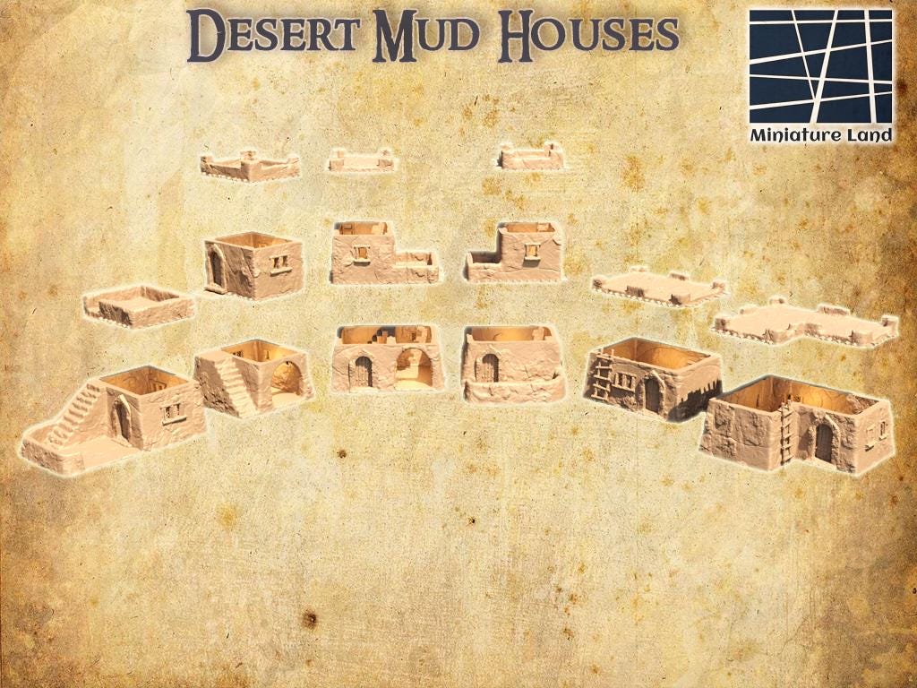 Desert Mud Houses - Tabletop Terrain - 28 MM, Tabletop 3D Printed Terrain by MiniatureLand, Perfect for Wargaming and RPGs