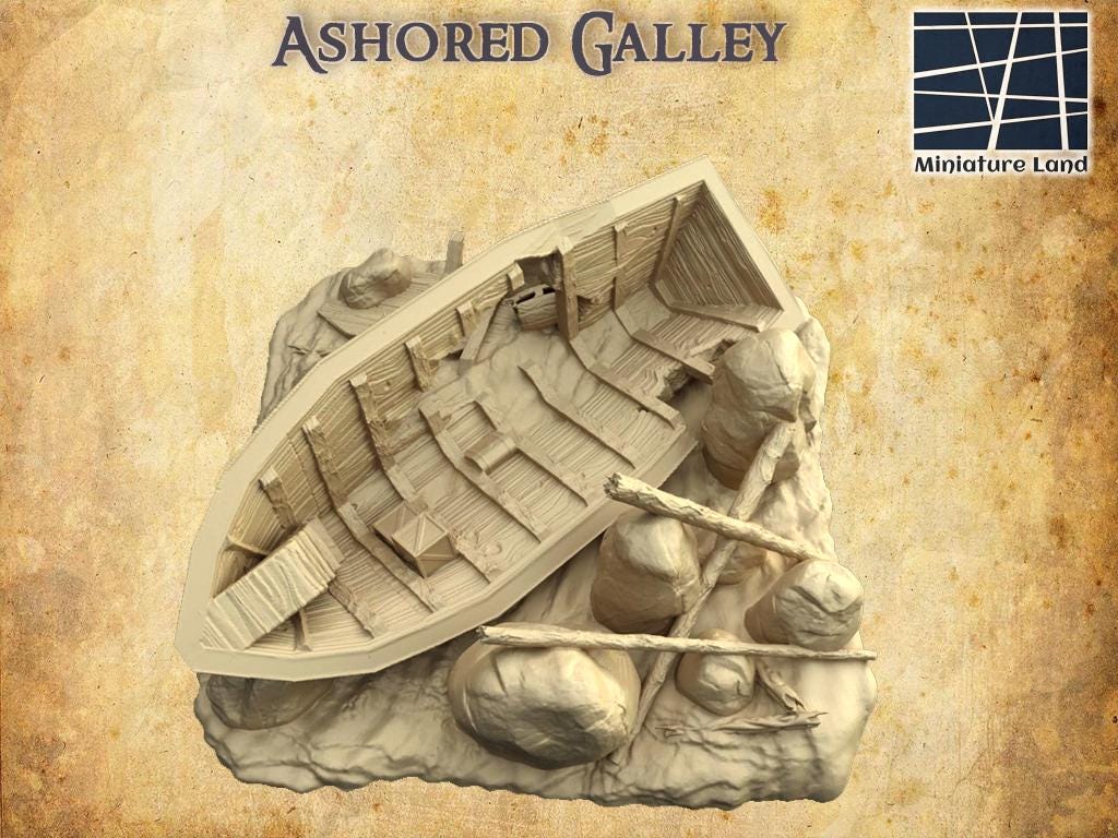 Ashored Galley - Tabletop Terrain - 28 MM, Tabletop 3D Printed Terrain by MiniatureLand, Perfect for Wargaming and RPGs