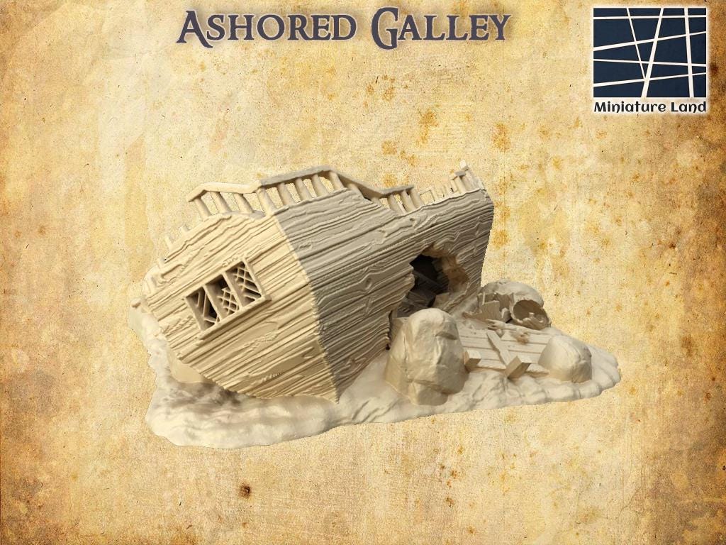 Ashored Galley - Tabletop Terrain - 28 MM, Tabletop 3D Printed Terrain by MiniatureLand, Perfect for Wargaming and RPGs