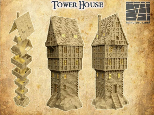 Tower House - Tabletop Terrain - 28 MM, Tabletop 3D Printed Terrain by MiniatureLand, Perfect for Wargaming and RPGs