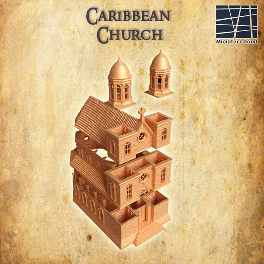 Caribbean Church - Tabletop Terrain - 28 MM, Tabletop 3D Printed Terrain by MiniatureLand, Perfect for Wargaming and RPGs