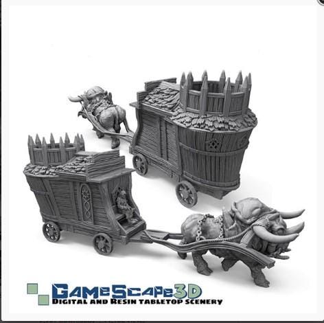 Merchant Wagon and Dire OX by GameScape3D - 3D Printed Tabletop Terrain, Perfect for Wargames, RPGs