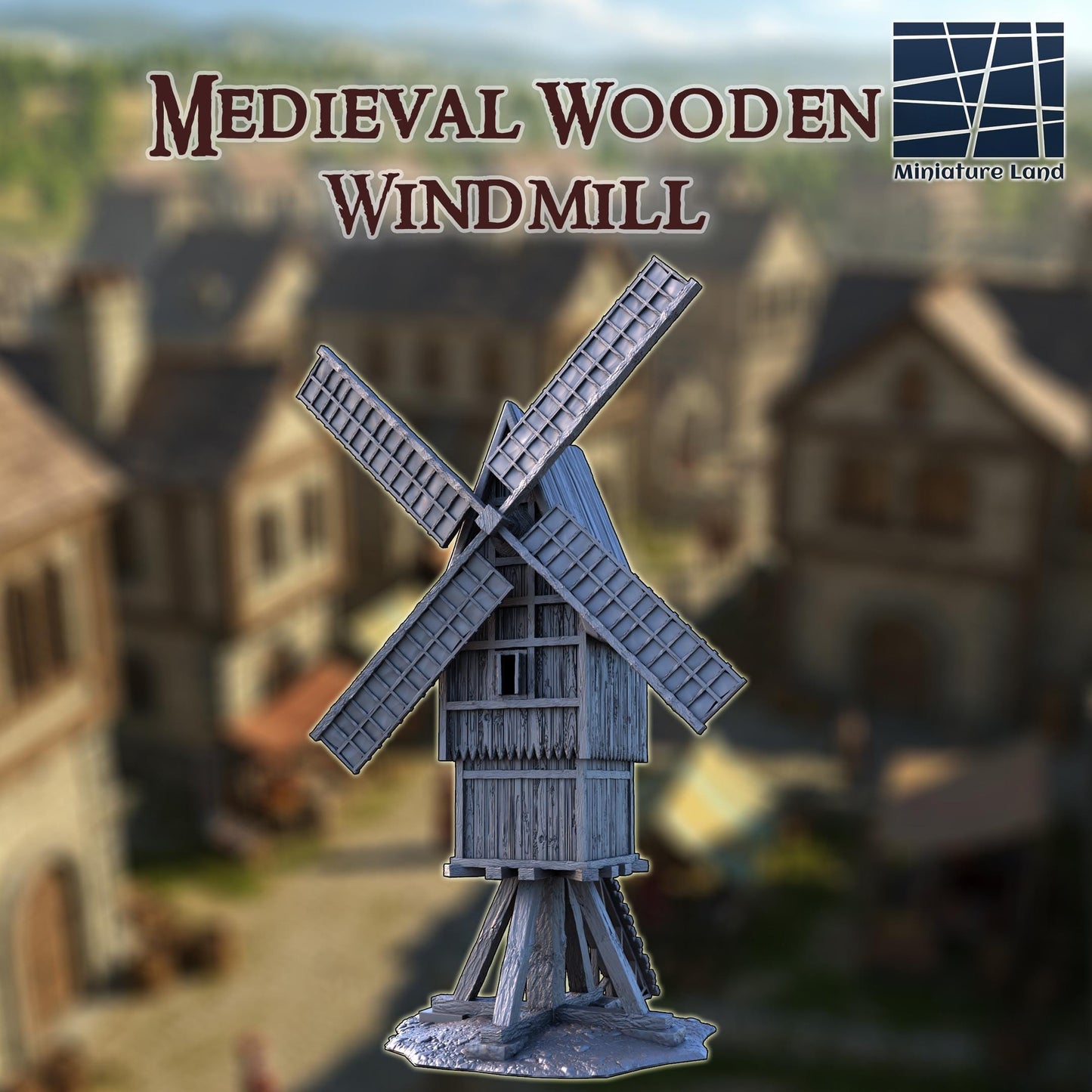 Medieval Wooden Windmill - Tabletop Terrain - 28 MM, Tabletop 3D Printed Terrain by MiniatureLand, Perfect for Wargaming and RPGs