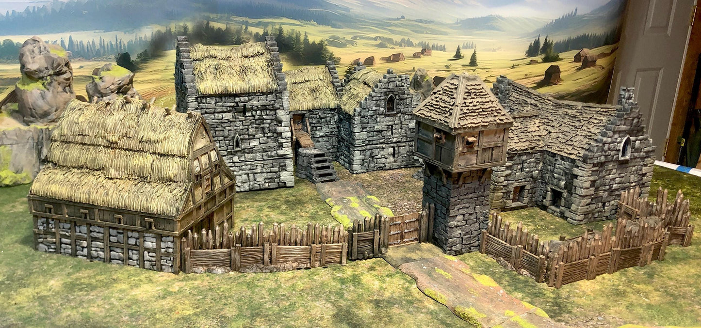 Walled Village: Manor Houses, Guard Tower, and Barn by GameScape3D - 3D Printed Tabletop Terrain, Perfect for Wargames, Board Games, RPGs