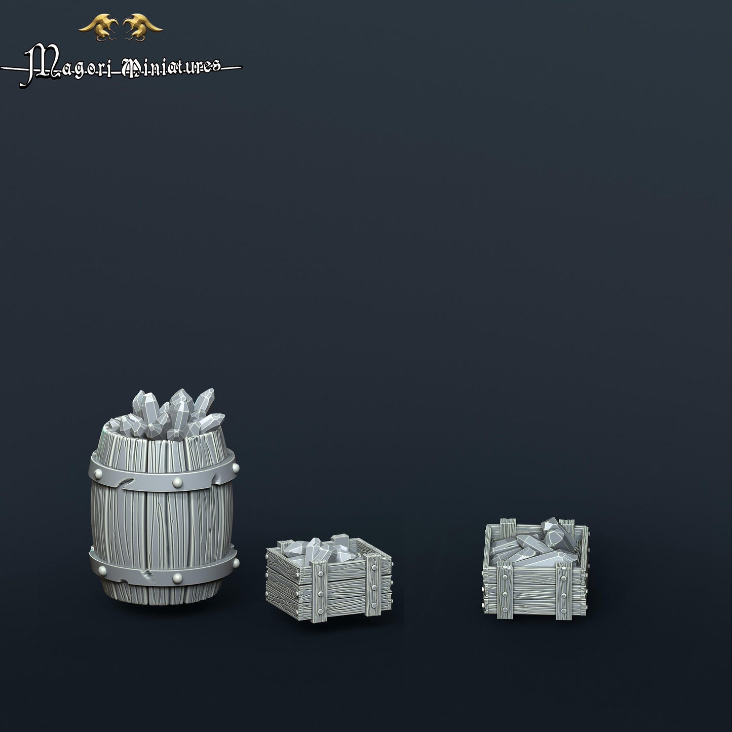Wyrdstone Barrel and Crate, Fantasy Skirmish Scatter Terrain by Magori Miniatures, perfect for Fantasy Wargames and RPGs
