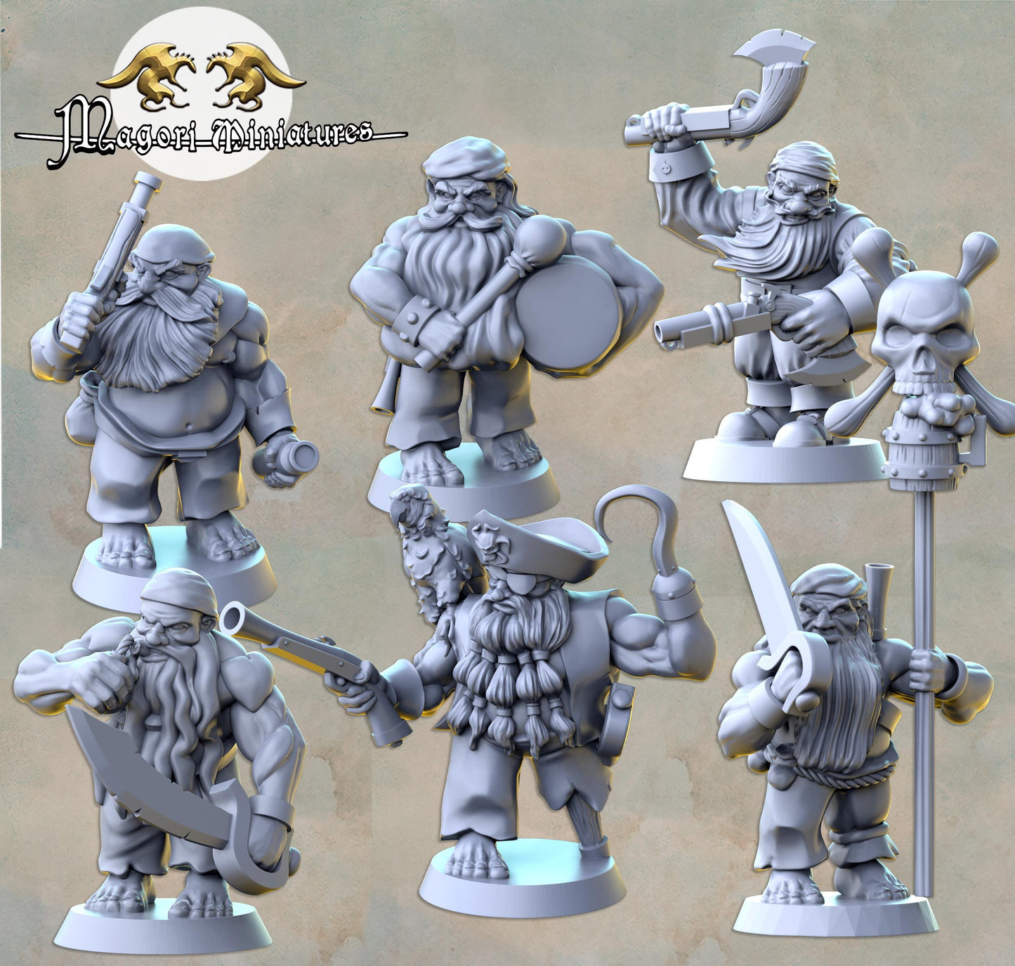 Dwarven Pirate Crew, Fantasy Skirmish Miniatures by Magori Miniatures, perfect for Fantasy Wargames and RPGs