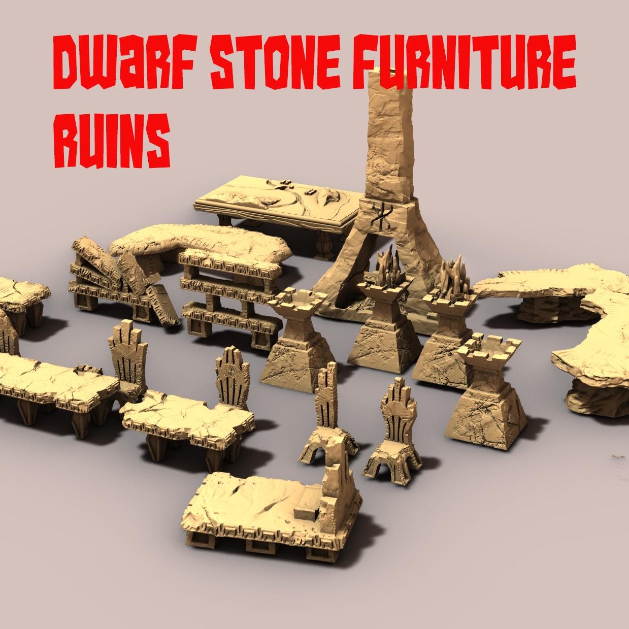 Ruined Dwarven Furniture by GameScape3D - 3D Printed Tabletop Terrain, Perfect for Wargames, Board Games, RPGs
