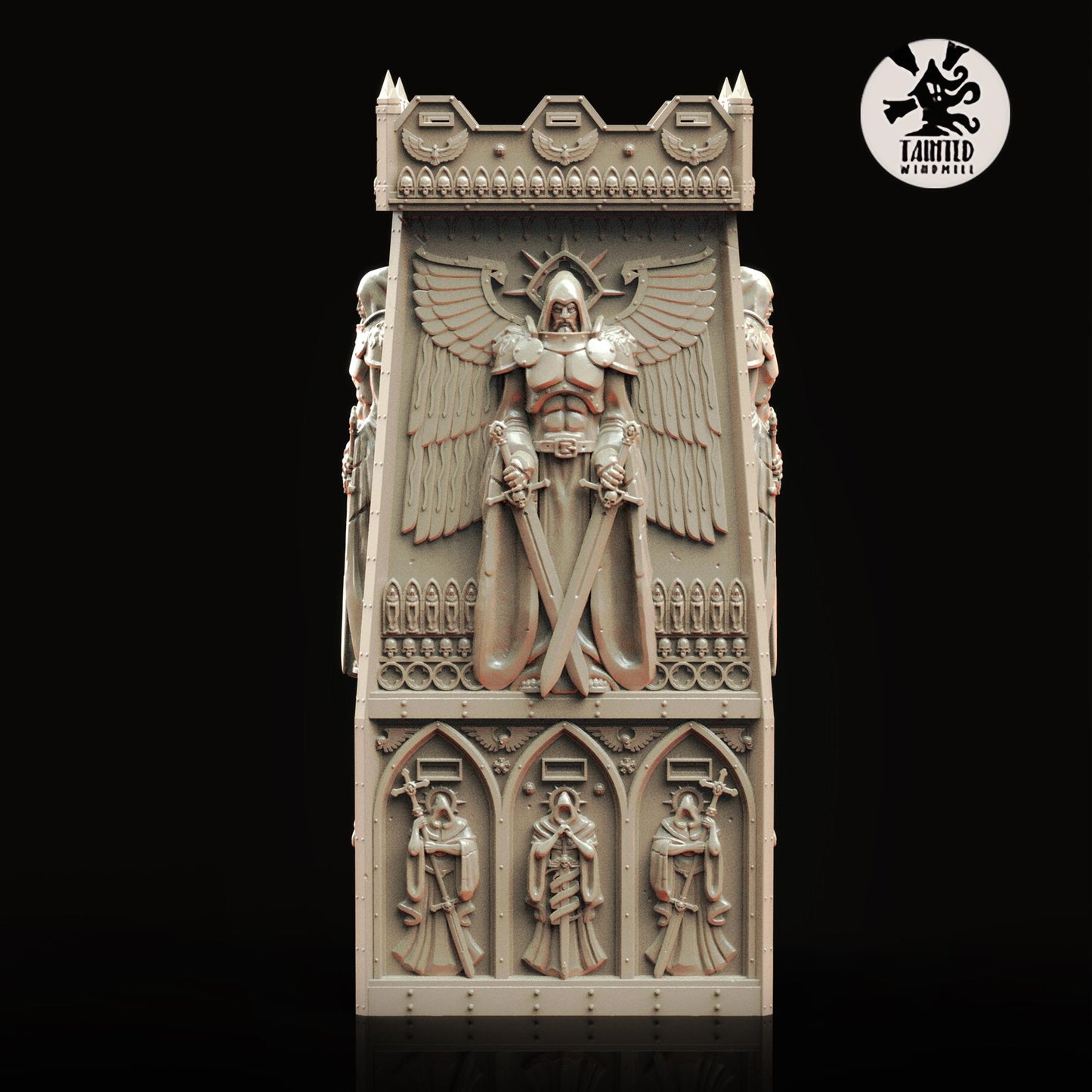 Angelic Tower Defence Lines, Imperial Cathedral Terrain Sculpted by Tainted Windmill for Wargames set in the Grimdark Future