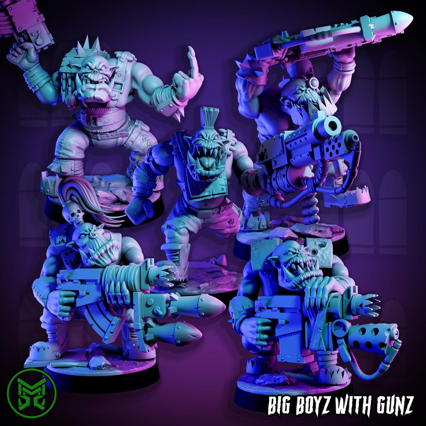 Big Boyz with Gunz, Space-Faring Orkish Menace Sculpted by Mekka Miniatures, Grimdark Compatible, Sci-Fi Wargame Scale