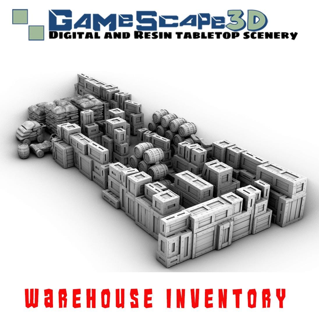Warehouse With Inventory by GameScape3D - 3D Printed Tabletop Terrain, Perfect for Wargames, Board Games, RPGs