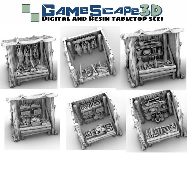 Merchant Stand with Slide in walls and tabletop variations by GameScape3D - 3D Printed Tabletop Terrain, Perfect for Wargames, RPGs