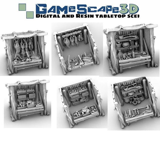 Merchant Stand with Slide in walls and tabletop variations by GameScape3D - 3D Printed Tabletop Terrain, Perfect for Wargames, RPGs