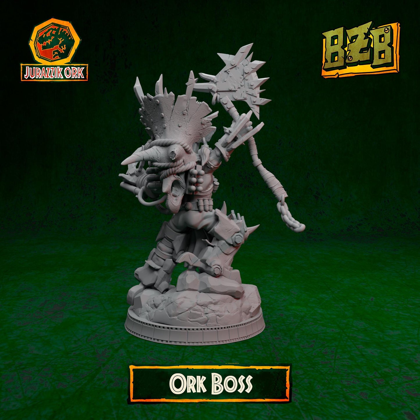 Ork Boss, Jurazzik Ork, Movie-inspired Orkish Menace Sculpted by Big Zkreen Boyz, Grimdark Compatible, Scaled for Sci-Fi Wargames