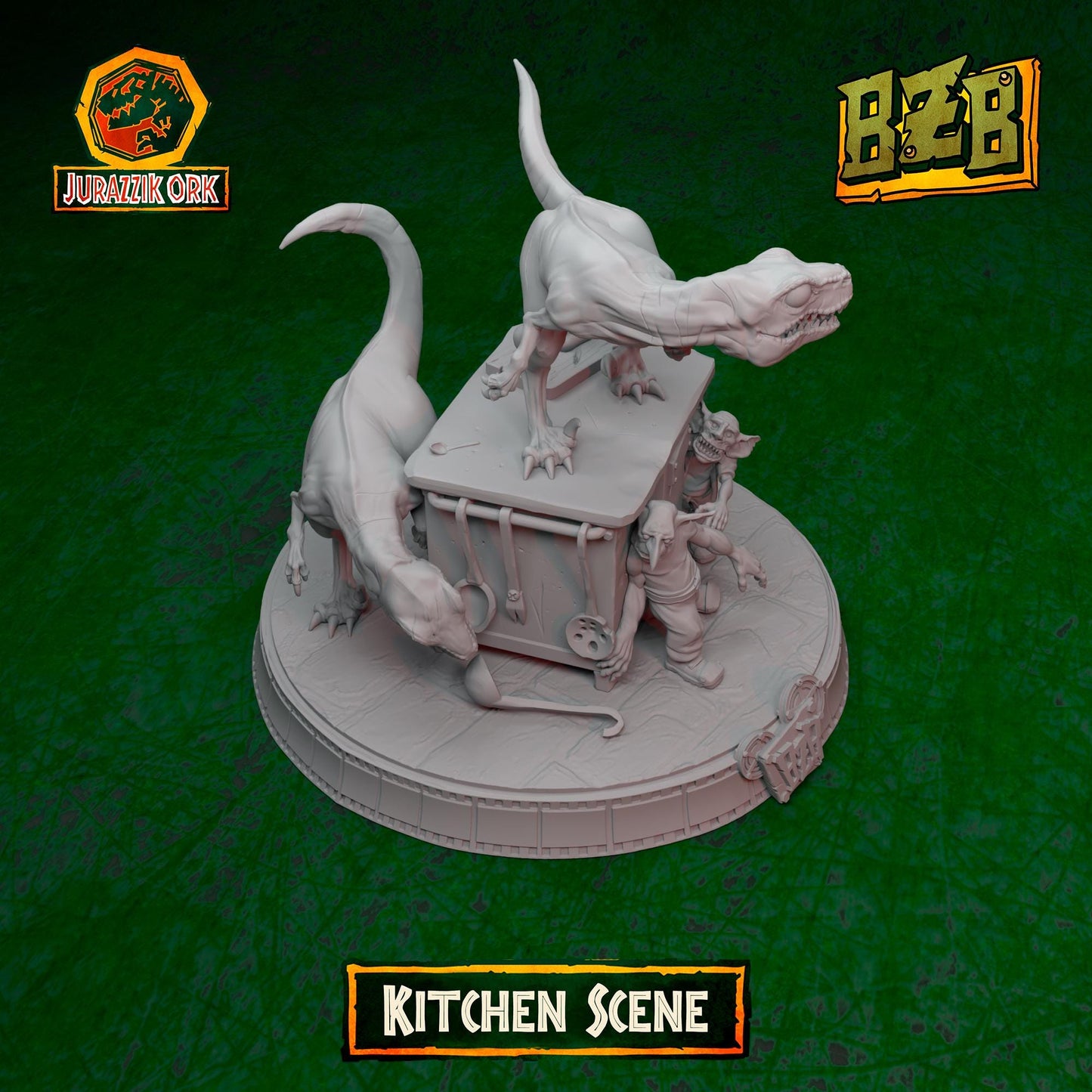 Kitchen - Scene, Jurazzik Ork, Movie-inspired Orkish Menace Sculpted by Big Zkreen Boyz, Grimdark Compatible, Scaled for Sci-Fi Wargames