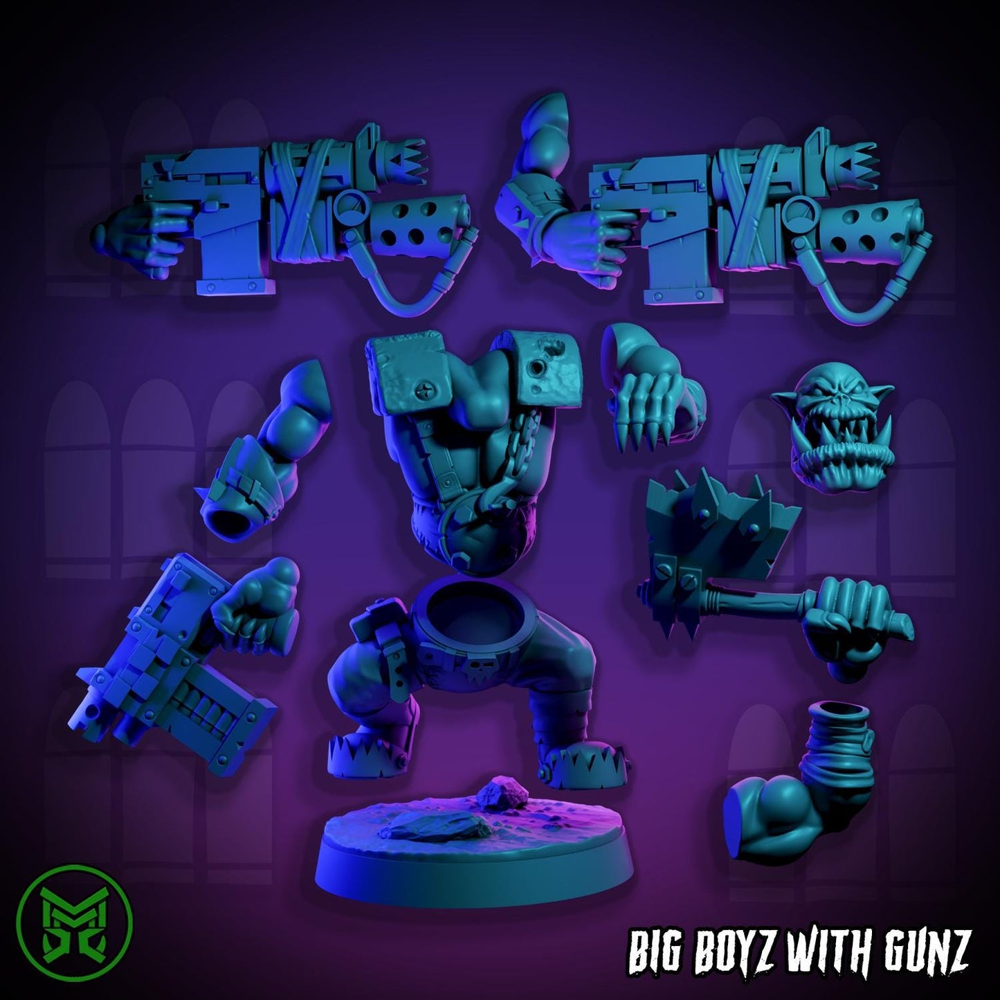 Big Boyz with Gunz, Space-Faring Orkish Menace Sculpted by Mekka Miniatures, Grimdark Compatible, Sci-Fi Wargame Scale