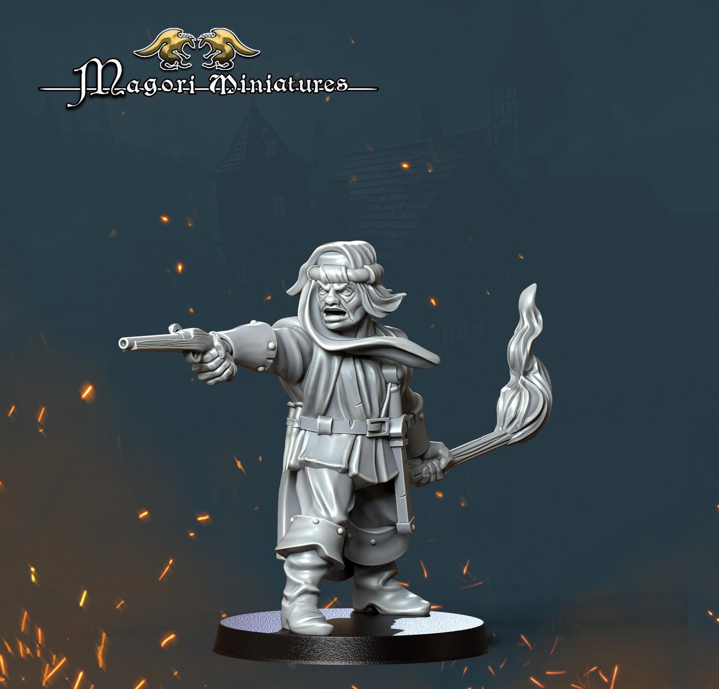 Witch Hunter with Pistol, Fantasy Skirmish Miniatures by Magori Miniatures, perfect for Fantasy Wargames and RPGs
