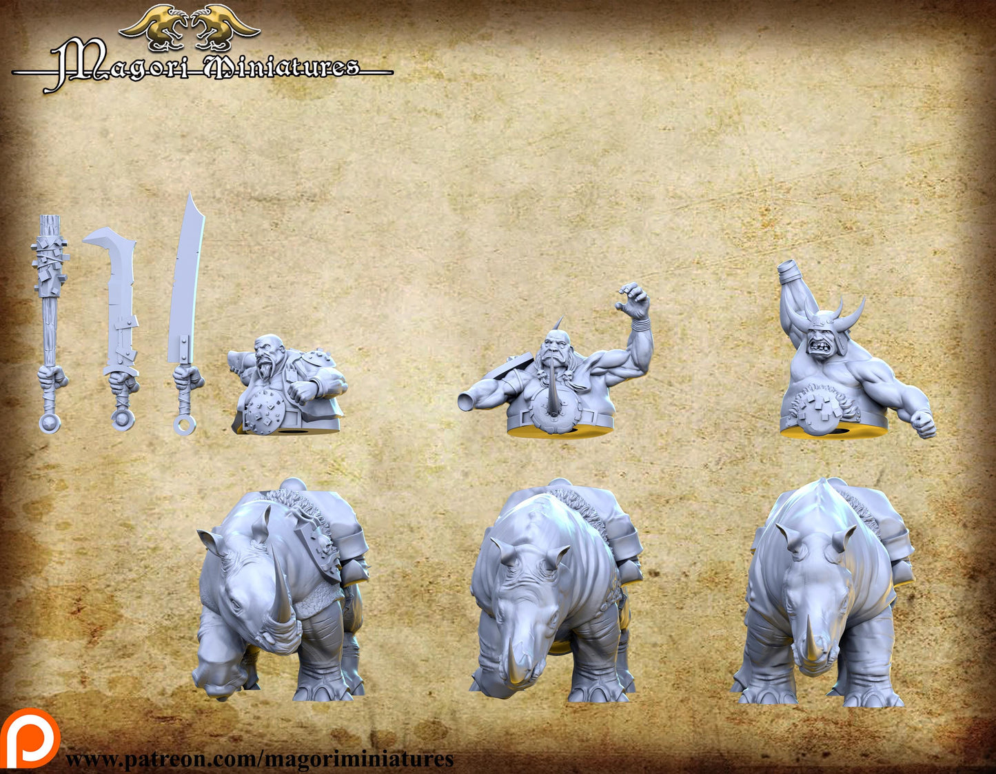 Ogre Rhino Riders, Fantasy Miniatures by Magori Miniatures, perfect for Fantasy Wargames and RPGs