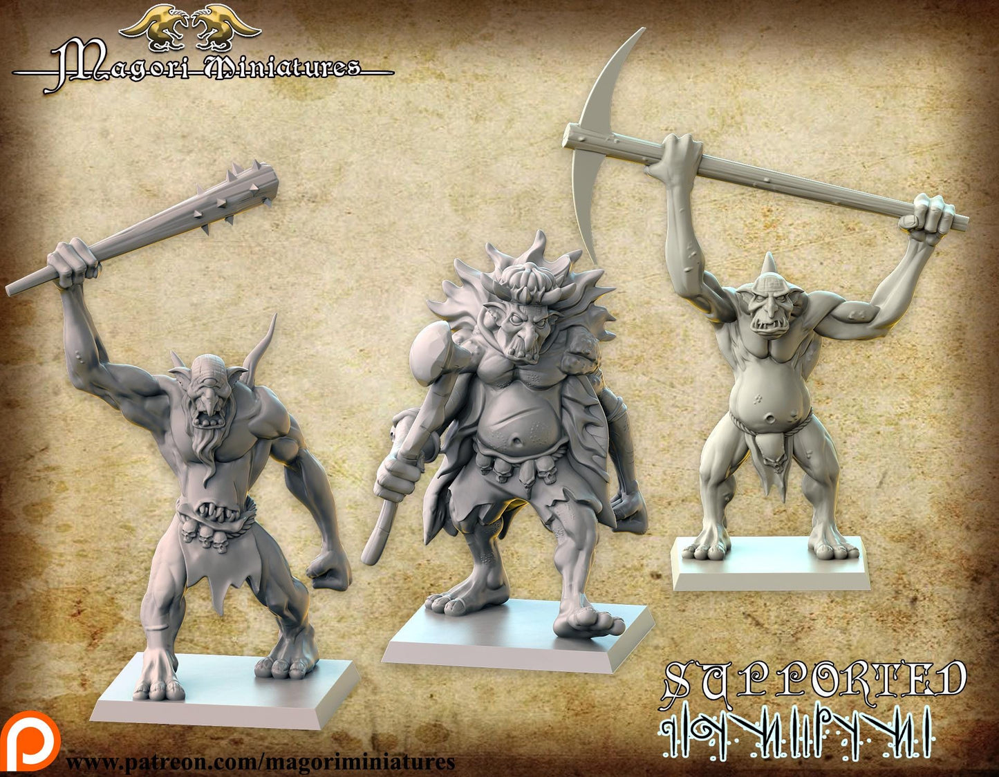 Troll King and Troll Henchmen, Fantasy Skirmish Miniatures by Magori Miniatures, perfect for Fantasy Wargames and RPGs