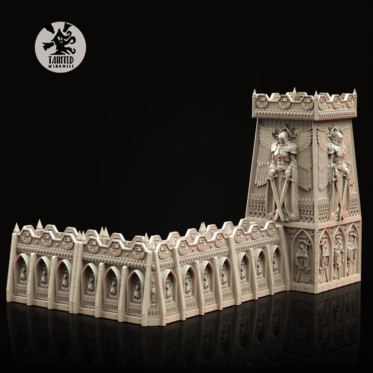 Angelic Tower Defence Lines, Imperial Cathedral Terrain Sculpted by Tainted Windmill for Wargames set in the Grimdark Future
