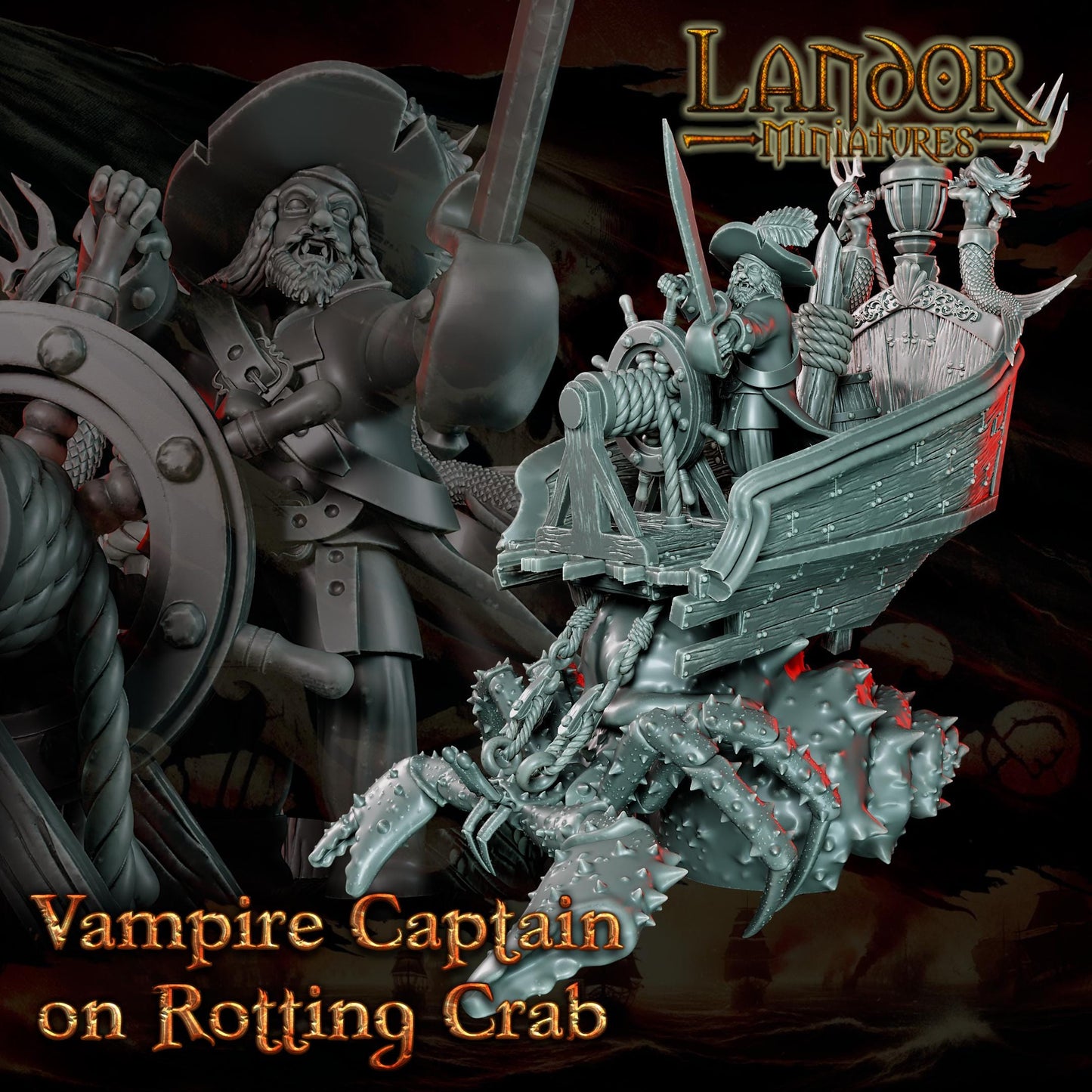 Vampire Captain on Rotting Crab, Modular Undead Swashbucklers by Landor Miniatures! Vampire Coast for Fantasy Wargames