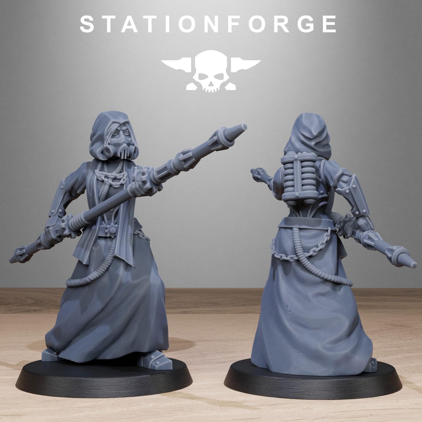 Scavenger Sister Priests, Space Techno-bots, modular Sci-Fi warriors by STATIONFORGE, Sci-Fi Wargames Cyber-themed Grimdark miniatures
