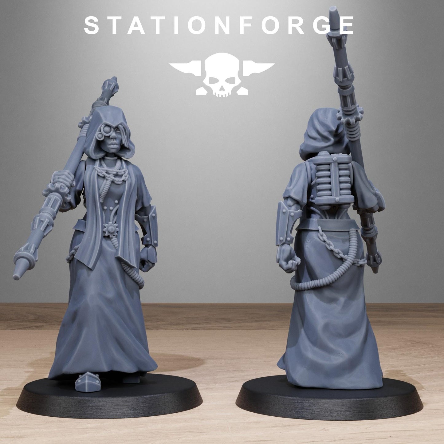 Scavenger Sister Priests, Space Techno-bots, modular Sci-Fi warriors by STATIONFORGE, Sci-Fi Wargames Cyber-themed Grimdark miniatures