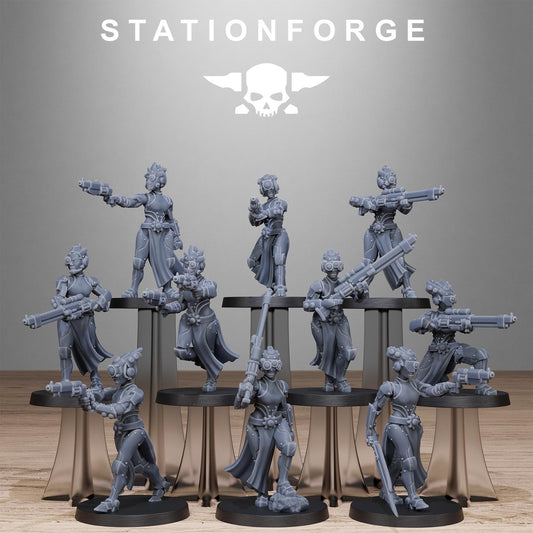 Scavenger Sisters Infantry, Space Techno-bots, modular Sci-Fi warriors by STATIONFORGE, Sci-Fi Wargames Cyber-themed Grimdark miniatures