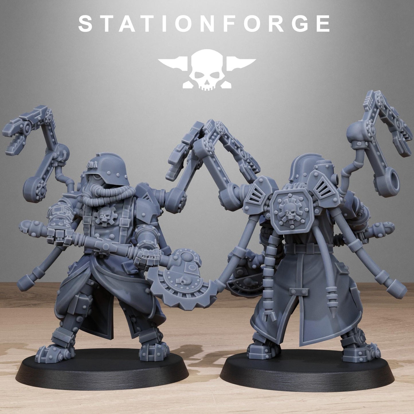 GrimGuard Tech Engineers, Space Techno-bots, modular Sci-Fi warriors by STATIONFORGE, Sci-Fi Wargames Cyber-themed Grimdark miniatures